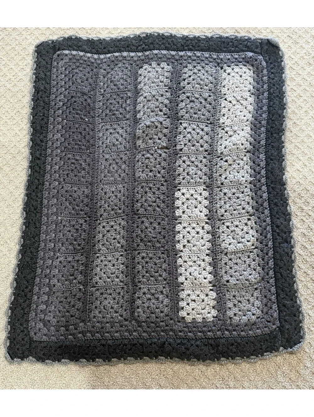 Handmade Small Afghan Throw Soft Baby Blanket Squares Gray Crochet  34” X 27”
